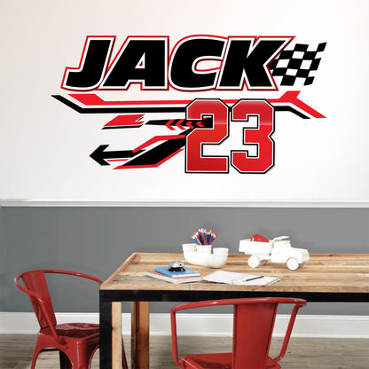 Race Car Wall Sticker - Name And Number Red Personalised Name Wall Art