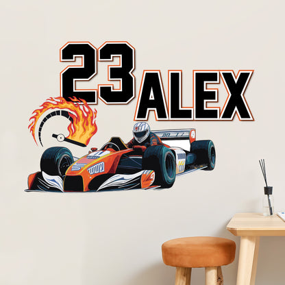 Race Car Wall Sticker - Orange Car Personalised Name Wall Art