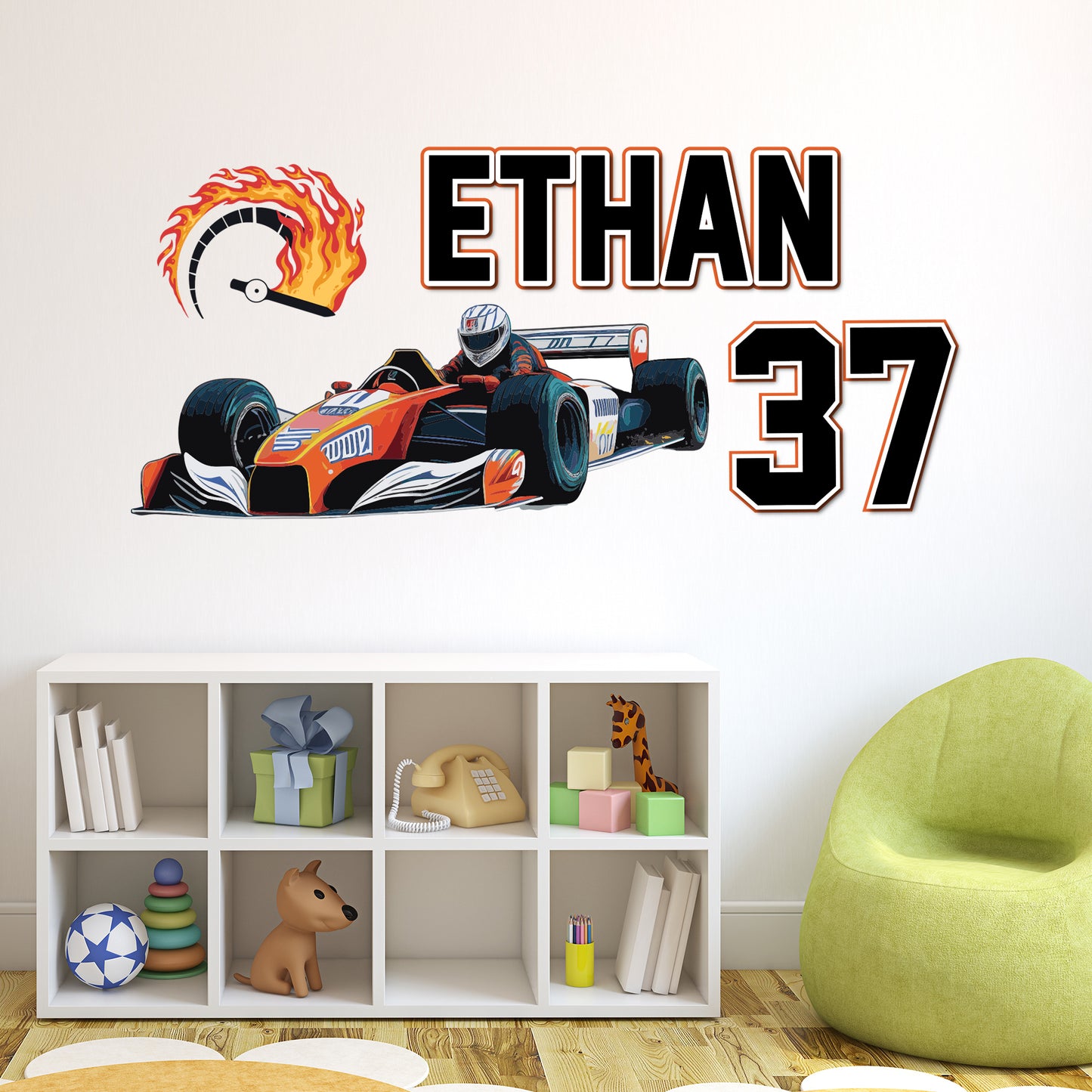 Race Car Wall Sticker - Orange Car Personalised Name Wall Art