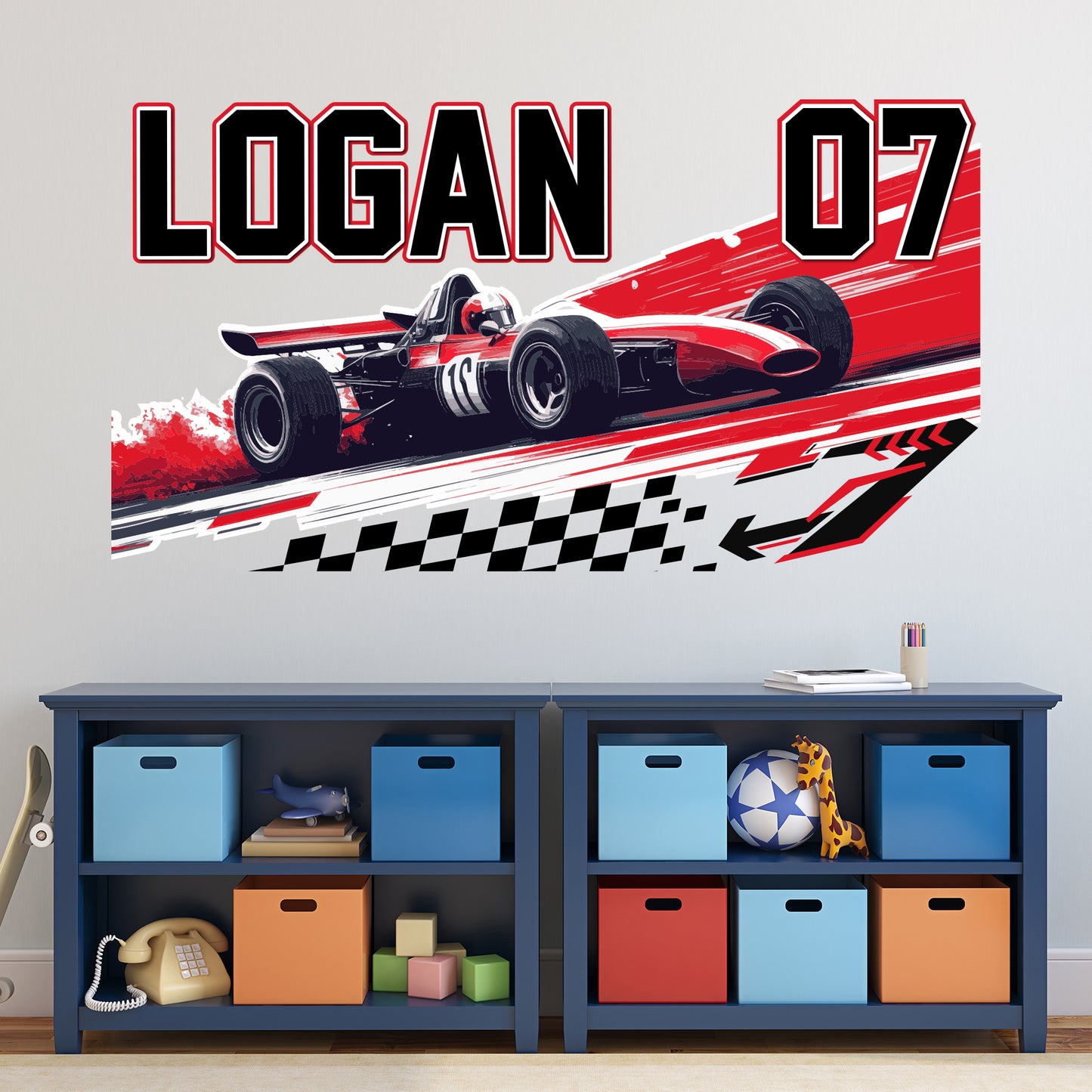Race Car Wall Sticker - Red Race Car Personalised Name Wall Art