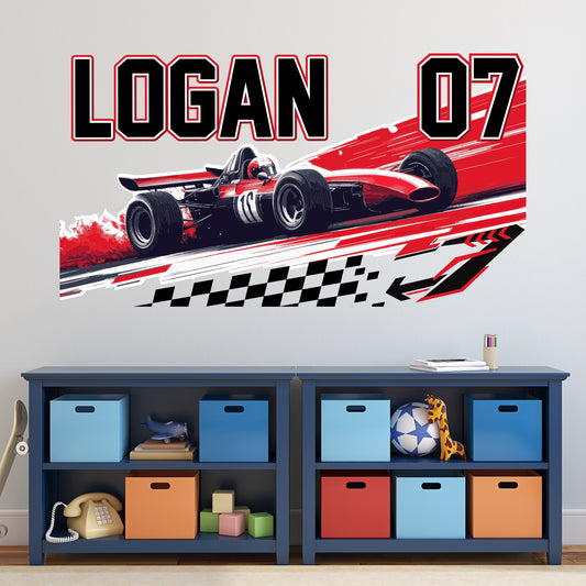 Race Car Wall Sticker - Red Race Car Personalised Name Wall Art