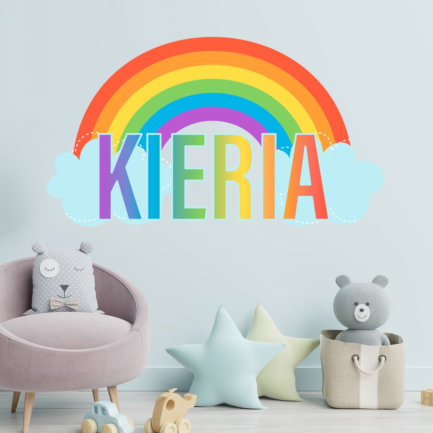 Rainbow Wall Sticker - Pastel Rainbow With Clouds Personalised Name Wall Art