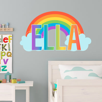Rainbow Wall Sticker - Pastel Rainbow With Clouds Personalised Name Wall Art