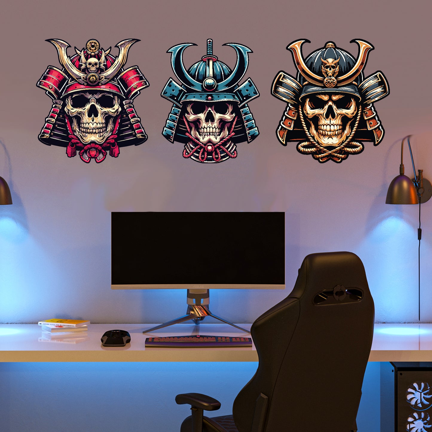 Samurai Wall Sticker - Samurai Warrior Skull Heads Set Decal Wall Art