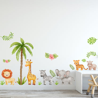Watercolour Jungle Animal Wall Sticker - Set of 6 Animals and Leaves Decal Wall Art