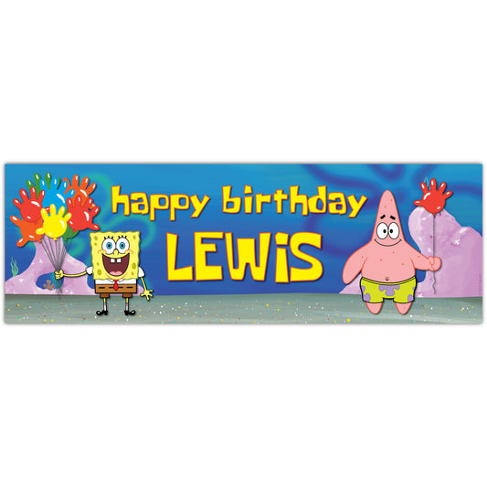 SpongeBob Birthday - SpongeBob And Patrick Balloons Personalised Banner Wall Sticker