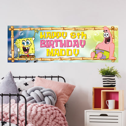 SpongeBob Birthday - SpongeBob And Patrick Sitting On Bamboo Personalised Banner Wall Sticker