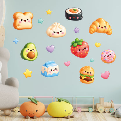 Squishy Food Wall Stickers for Kids – Cute Kawaii Character Bedroom Wall Decal Set