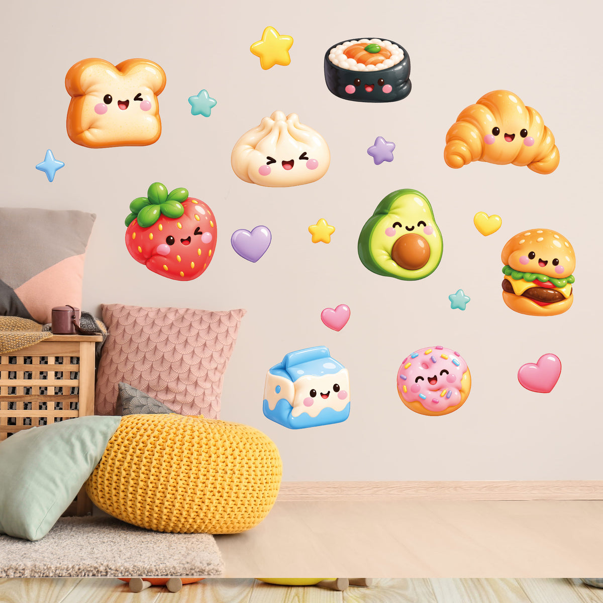 Squishy Food Wall Stickers for Kids – Cute Kawaii Character Bedroom Wall Decal Set