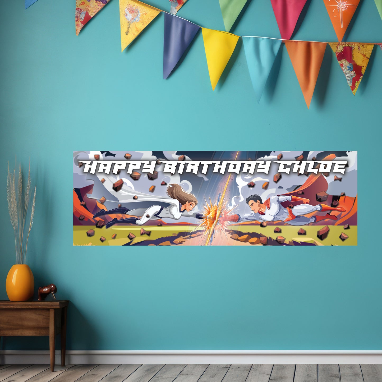 Superhero Birthday – Super Shockwave Personalised Banner Wall Sticker