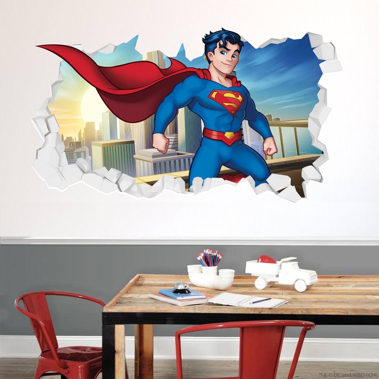 Superman Wall Sticker - Flying Over City Broken Wall Decal DC Superhero Art