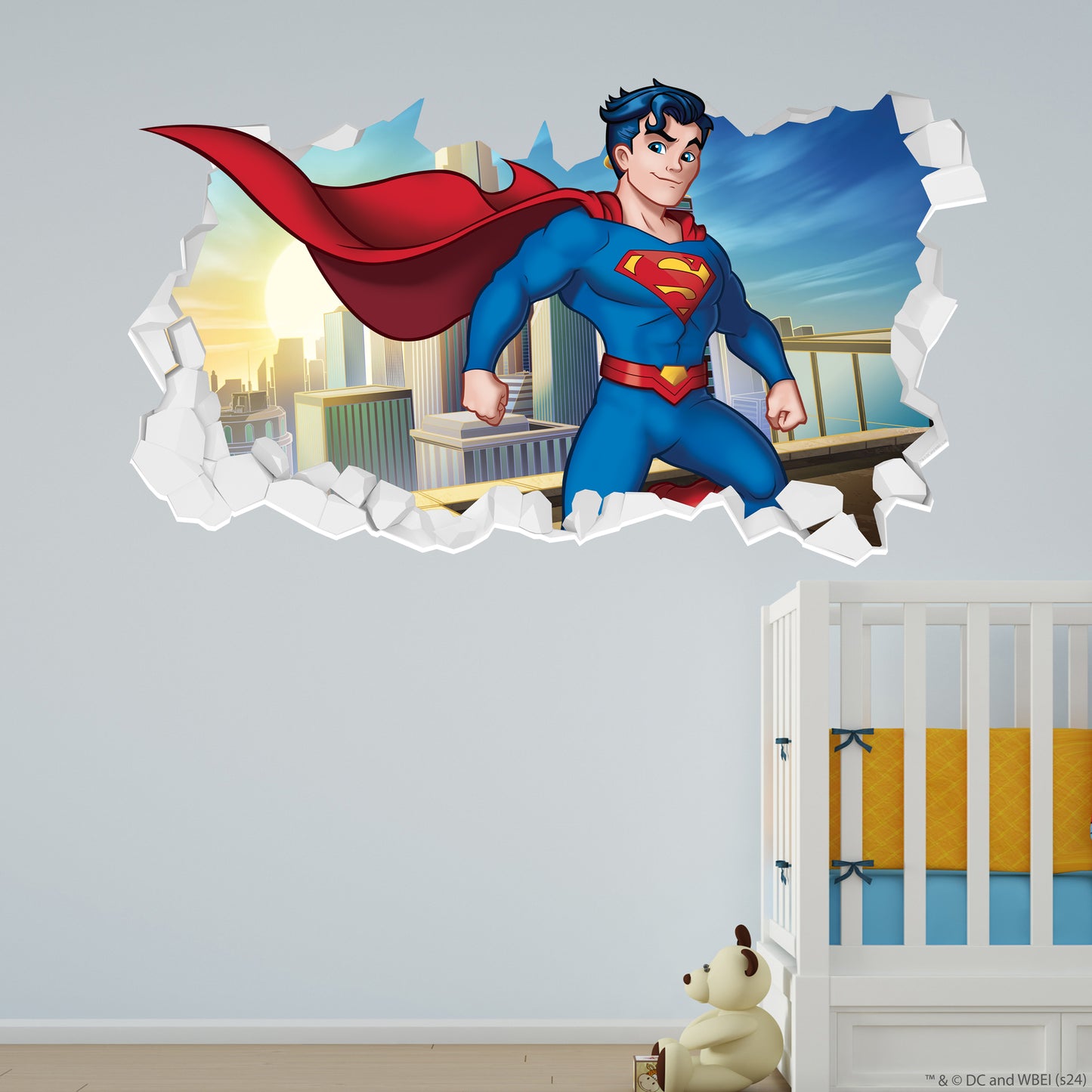 Superman Wall Sticker - Flying Over City Broken Wall Decal DC Superhero Art