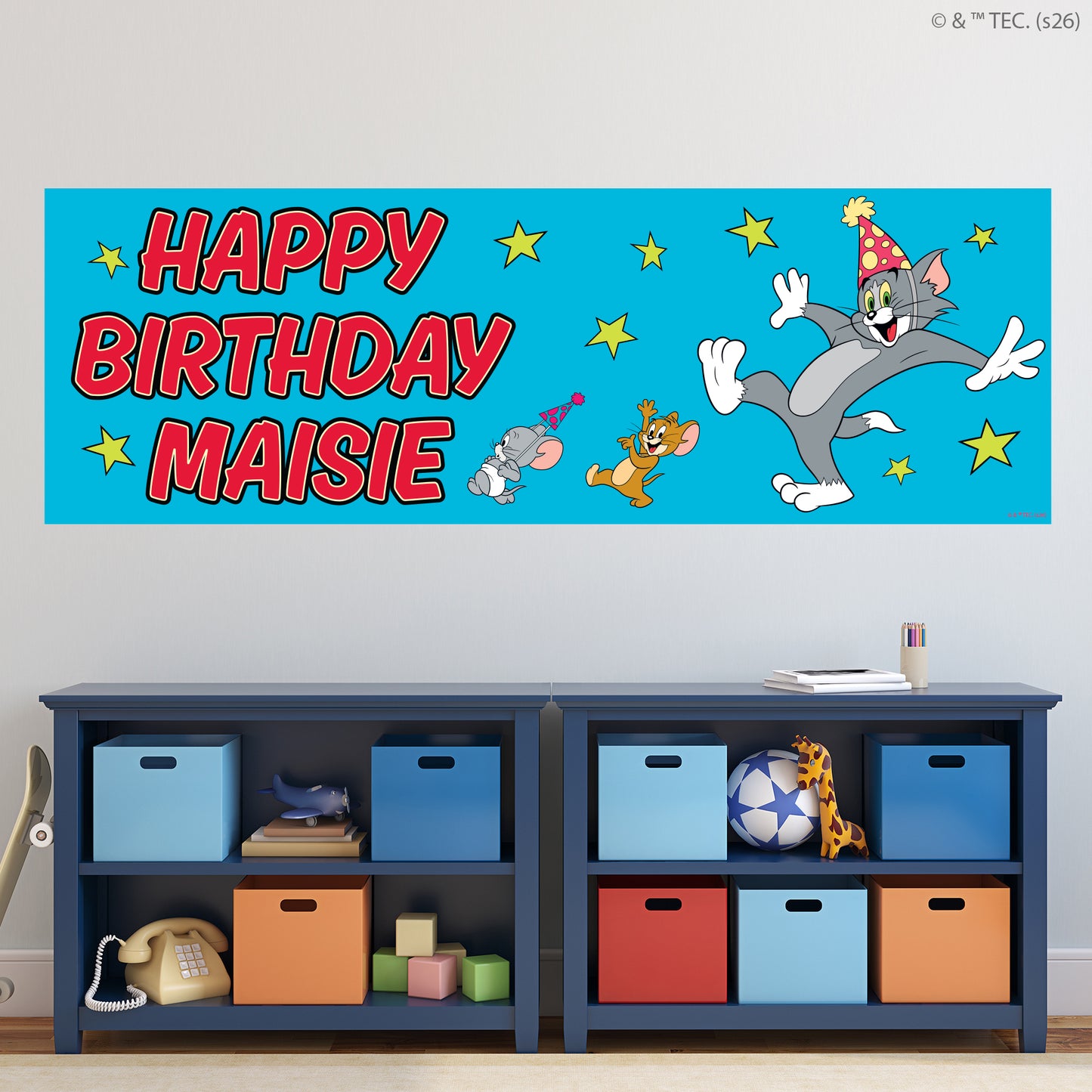 Tom And Jerry™  Birthday - Group Blue Personalised Name Banner Wall Sticker