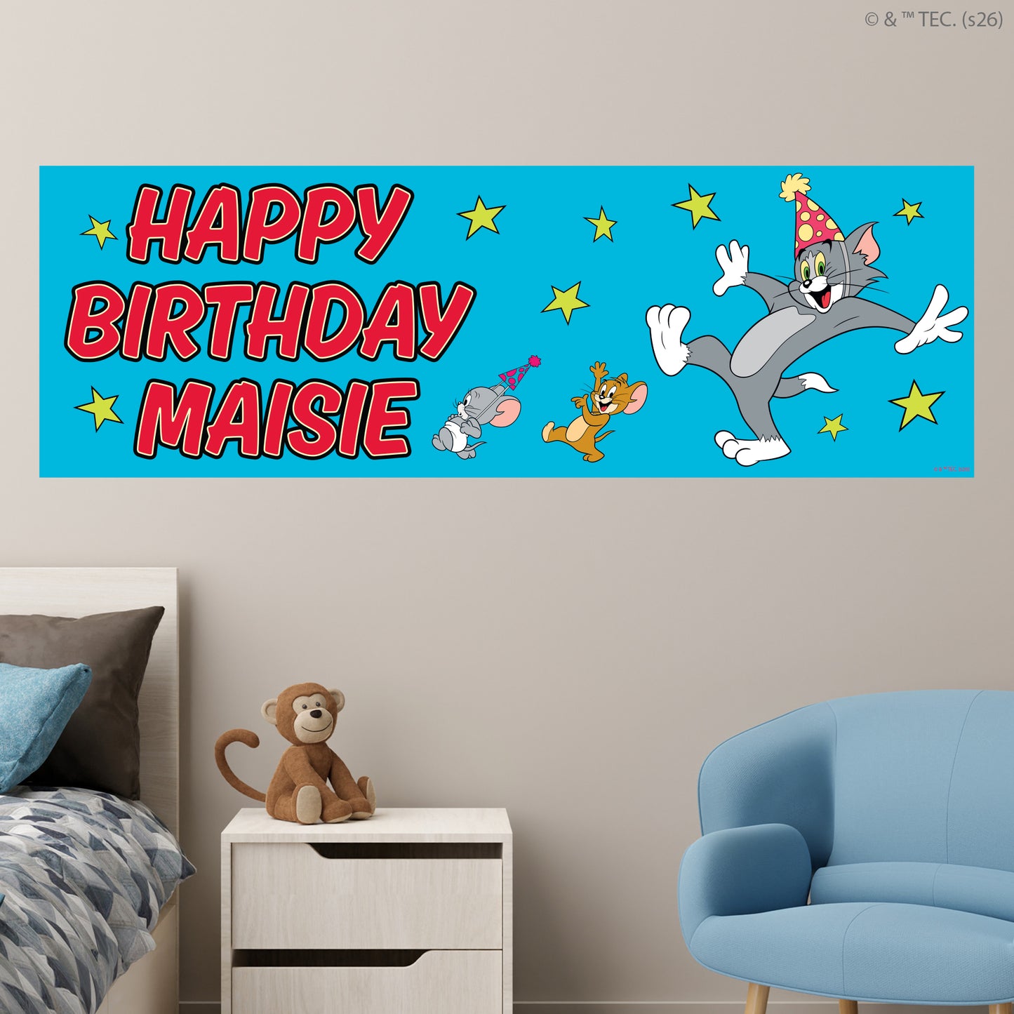 Tom And Jerry™  Birthday - Group Blue Personalised Name Banner Wall Sticker