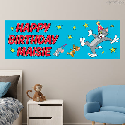 Tom And Jerry™  Birthday - Group Blue Personalised Name Banner Wall Sticker