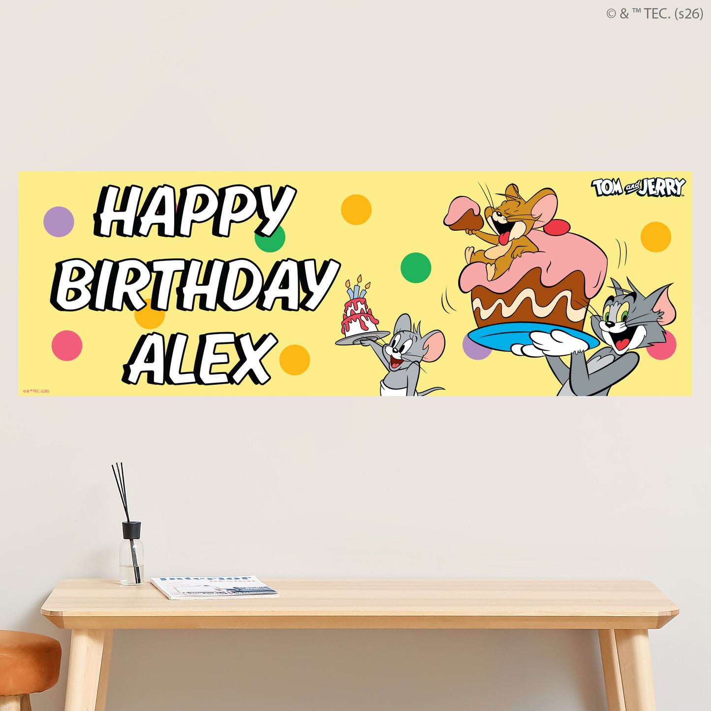 Tom And Jerry™  Birthday - Group Yellow Personalised Name Banner Wall Sticker
