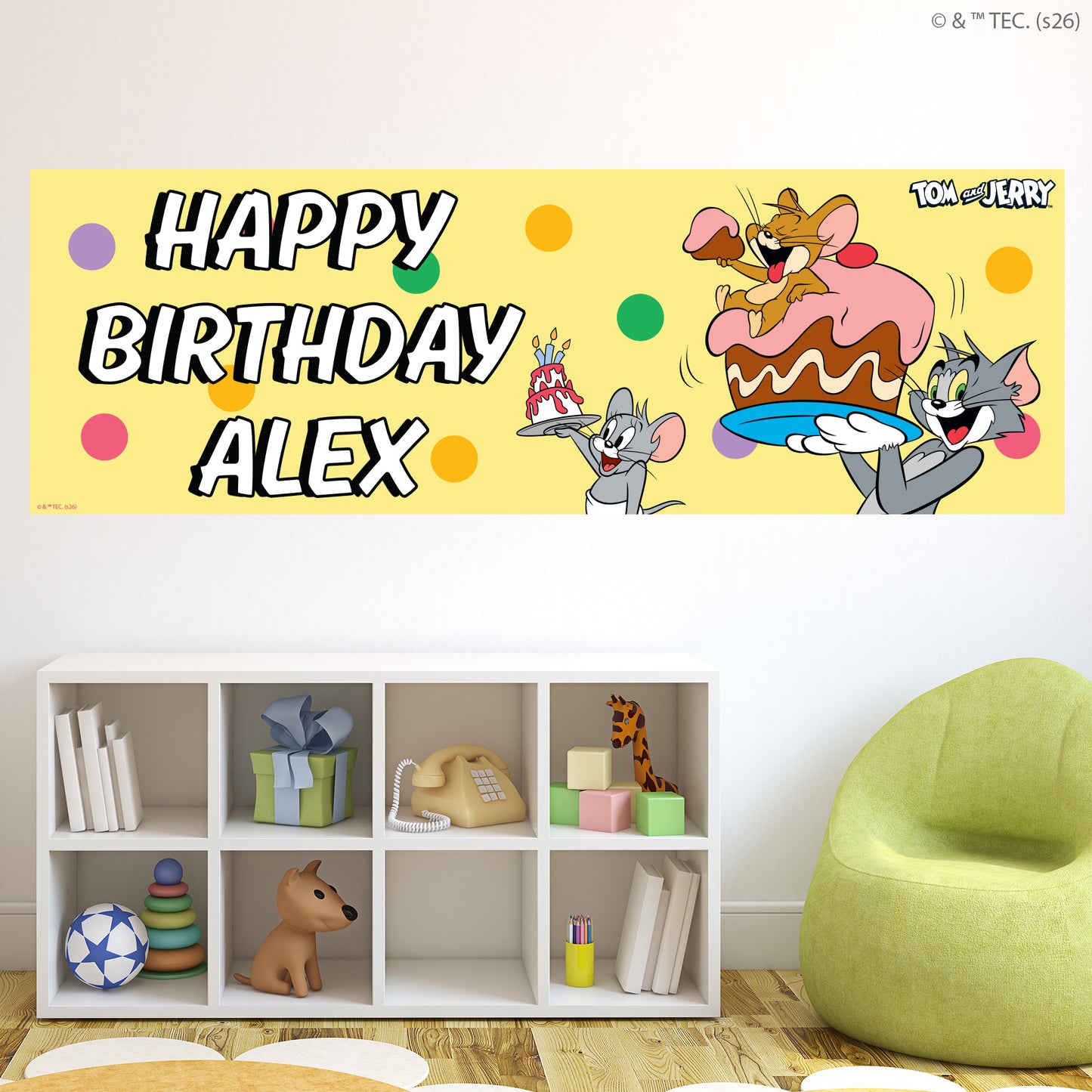 Tom And Jerry™  Birthday - Group Yellow Personalised Name Banner Wall Sticker