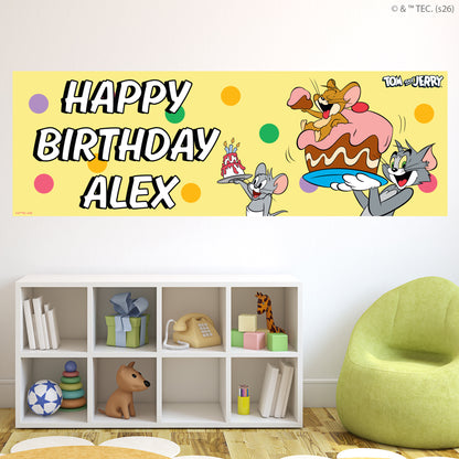 Tom And Jerry™  Birthday - Group Yellow Personalised Name Banner Wall Sticker
