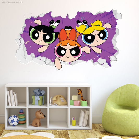 Powerpuff Girls Wall Sticker  –  Trio Purple Broken Wall Superhero Decal Art