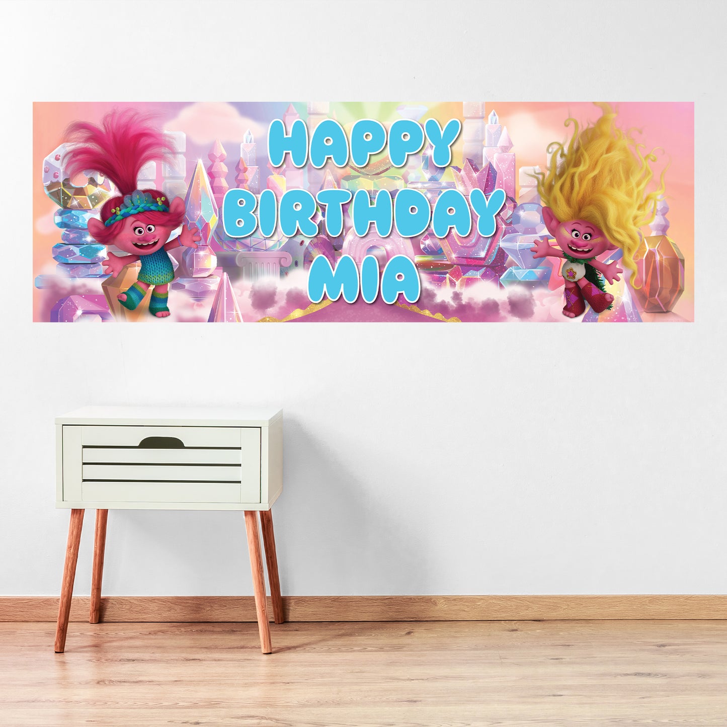 Trolls Birthday - Poppy And Viva Personalised Name Banner Wall Sticker