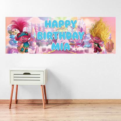 Trolls Birthday - Poppy And Viva Personalised Name Banner Wall Sticker
