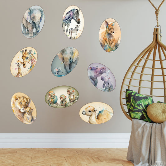 Watercolour Jungle Animal Wall Sticker - Nine Animal Decal Set Wall Art