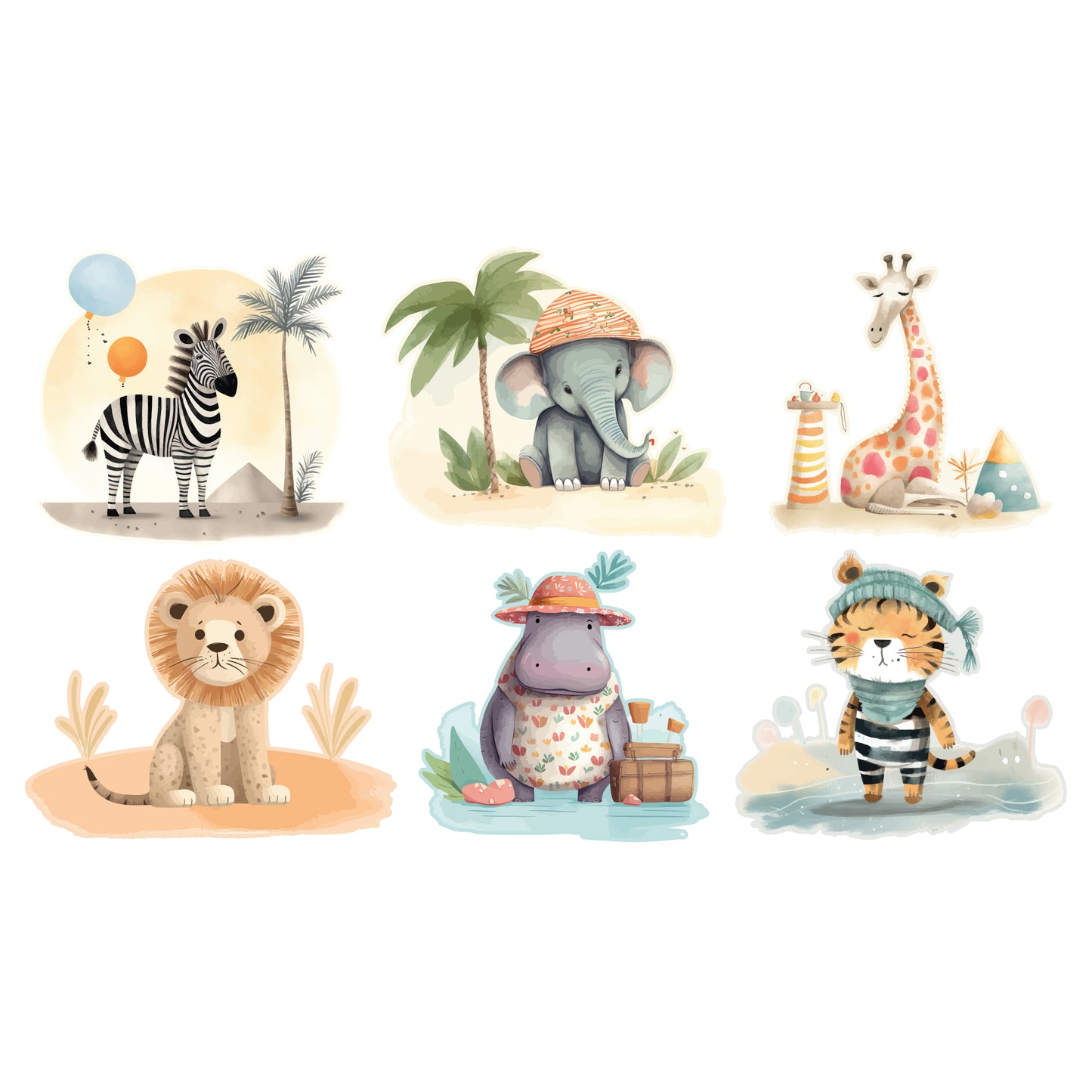 Watercolour Jungle Animal Wall Sticker - Six Animal Decal Set Wall Art