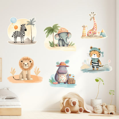 Watercolour Jungle Animal Wall Sticker - Six Animal Decal Set Wall Art