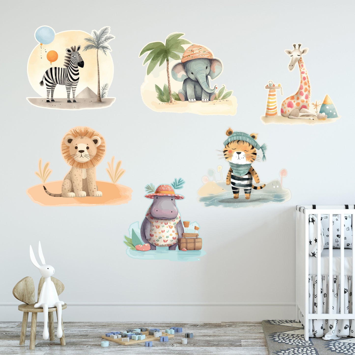 Watercolour Jungle Animal Wall Sticker - Six Animal Decal Set Wall Art