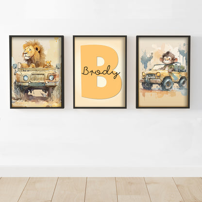 Watercolour Jungle Animal Wall Art Print - Lion and Monkey Personalised Poster