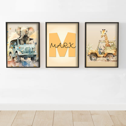 Watercolour Jungle Animal Wall Art Print - Elephant and Giraffe Personalised Poster