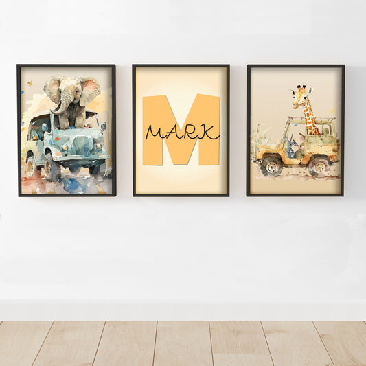 Watercolour Jungle Animal Wall Art Print - Elephant and Giraffe Personalised Poster