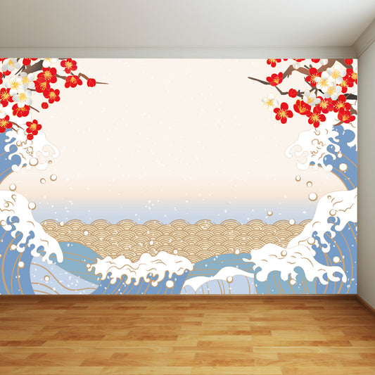 Waves And Flowers Full Wall Mural