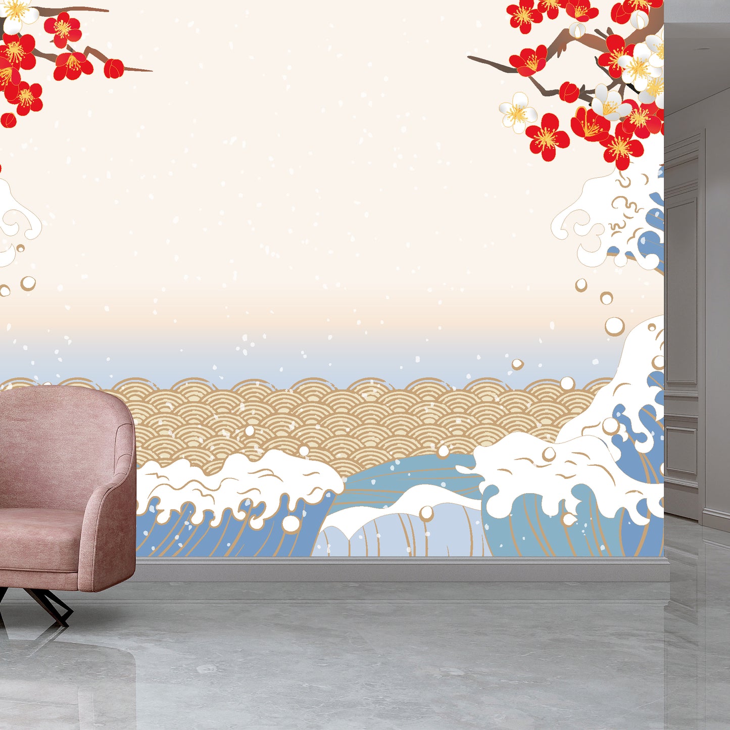 Waves And Flowers Full Wall Mural