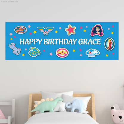 Justice League Birthday - Wonder Woman Blue Personalised Name Banner Wall Sticker