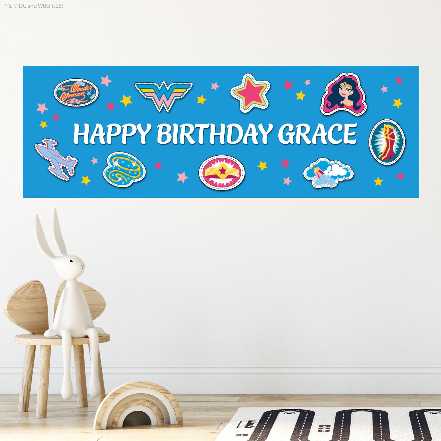 Justice League Birthday - Wonder Woman Blue Personalised Name Banner Wall Sticker
