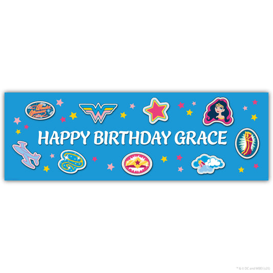 Justice League Birthday - Wonder Woman Blue Personalised Name Banner Wall Sticker