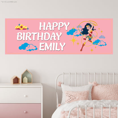 Justice League Birthday - Wonder Woman Pink Personalised Name Banner Wall Sticker