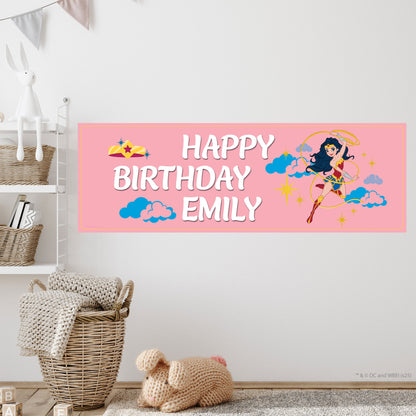 Justice League Birthday - Wonder Woman Pink Personalised Name Banner Wall Sticker