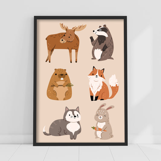 Woodland Print - 6 Forest Animals Poster Wall Art