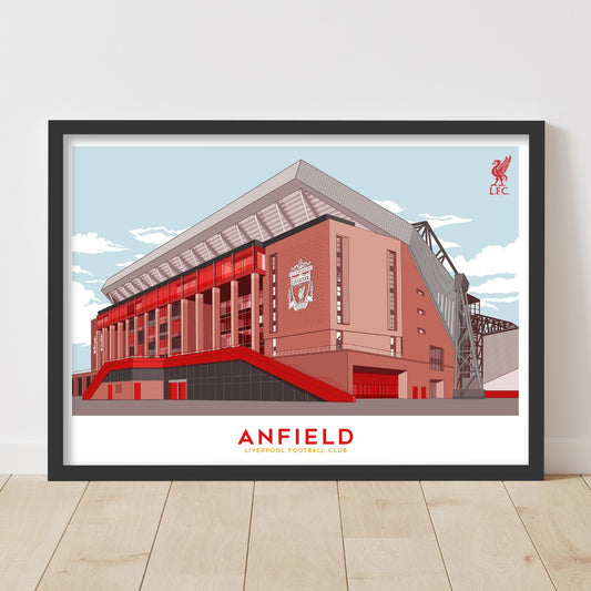 Liverpool FC Print - Anfield Illustration Outside Stadium Blue Sky Poster