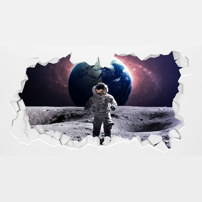 Space Wall Sticker - Astronaut on Moon with Earth Behind Broken Wall