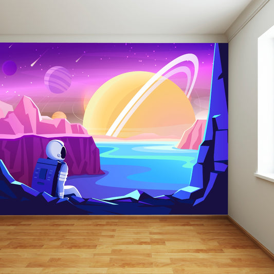 Space Wall Mural - Astronaut Sat Looking Out at Galaxy Full Wall Mural