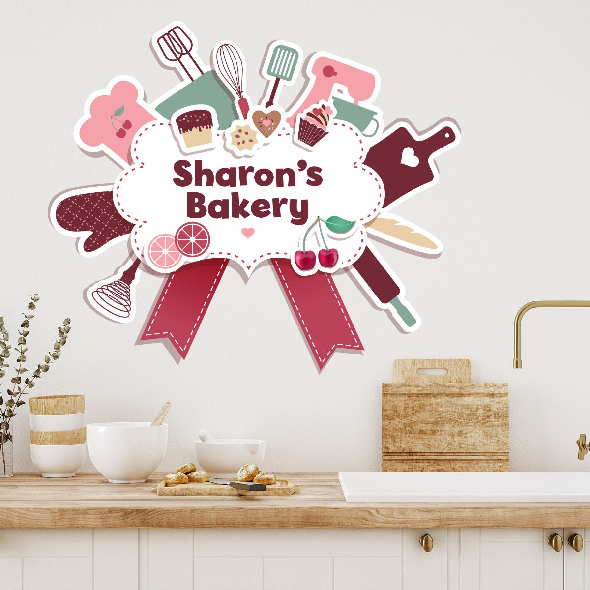 Kitchen Wall Sticker - Baking Bow Personalised Name Wall Decal Art ...