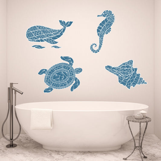 Bathroom Wall Sticker - Ocean Animals and Shell Wall Decal Set