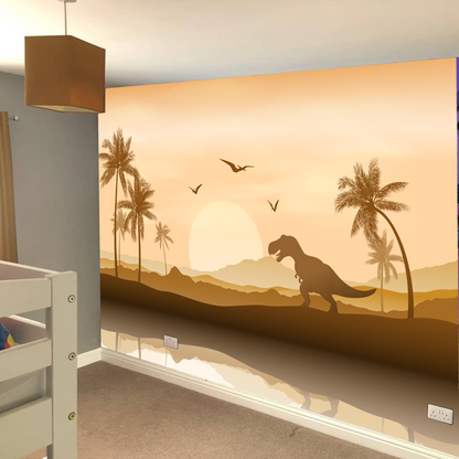 Dinosaur Wall Mural - Beige Silhouette Dinosaur Land Full Wall Mural