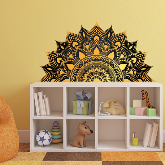 Mandala Wall Sticker - Black and Gold Half Flower Mandala