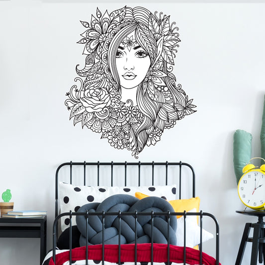 Mandala Wall Sticker - Black and White Women's Face and Mandala Pattern