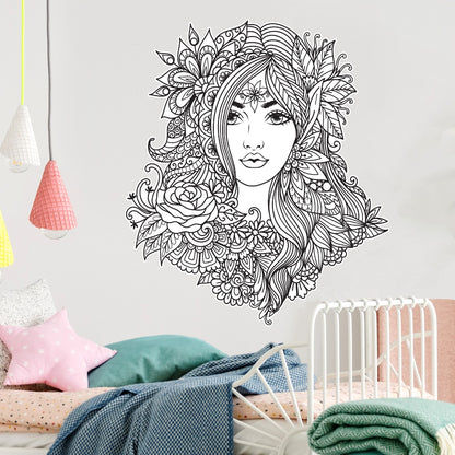 Mandala Wall Sticker - Black and White Women's Face and Mandala Pattern