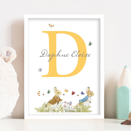 Peter Rabbit Print - Butterflies Yellow Letter and Personalised Name